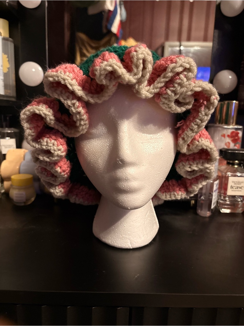 Handmade Pink & Cream Crochet Ruffle Hat